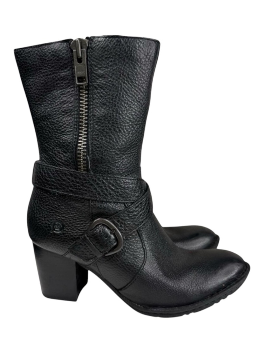 Born Black Heeled Motto Boker Boots with Textured Leather and Buckle 6.5